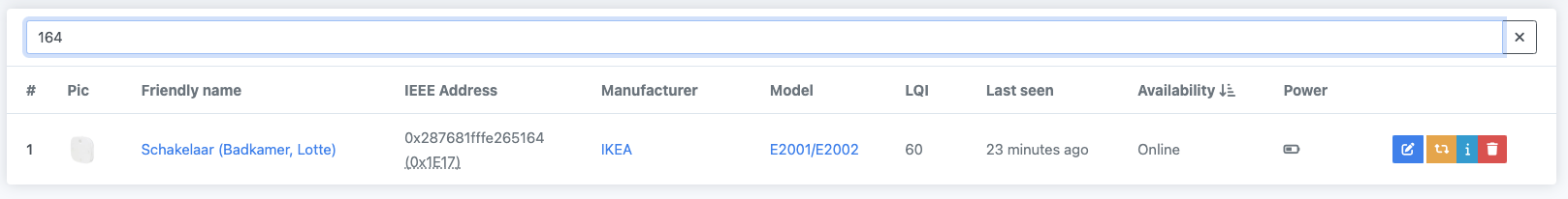 Search in Zigbee2MQTT showing the device looked up by physical label