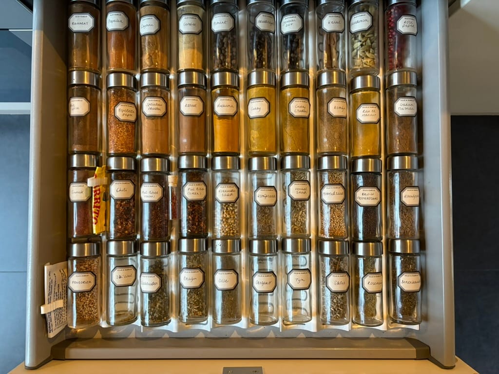 A drawer filled with small spice jars, neatly organised with stick on labels